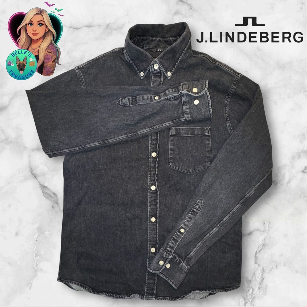 J Lindeberg Shirt Mens Large Charcoal Denim Button‎ Dow Daniel Stretch Chambray